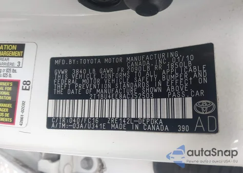 2010 Toyota Corolla Le из США, поврежденный, VIN 2T1BU4EE8AC352503